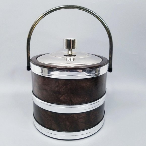 Vintage Ice Bucket Brown Faux Leather Chrome MCM - Picture 6 of 12